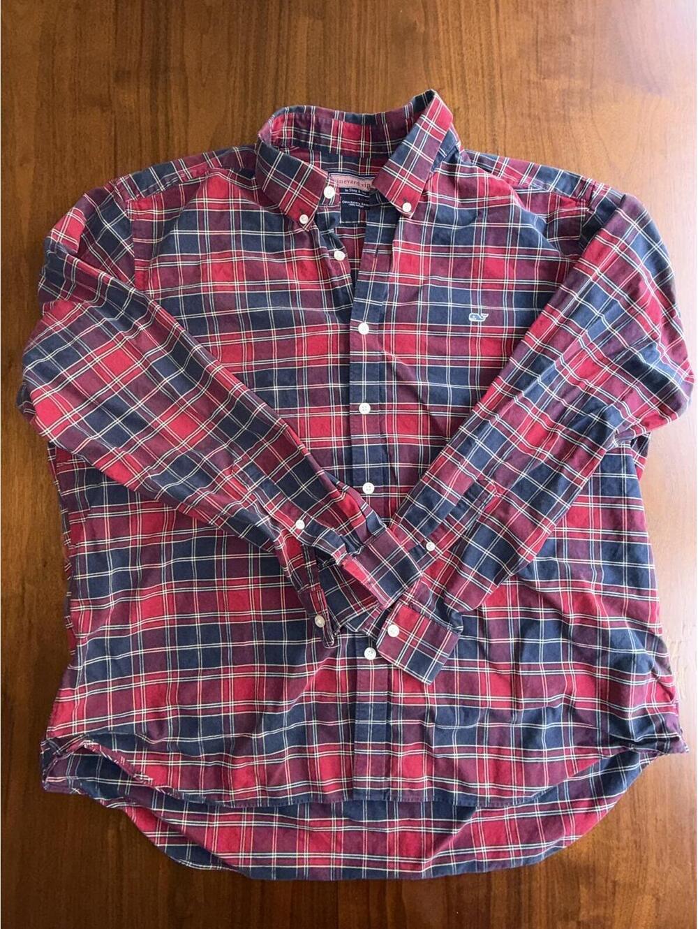 Vineyard Vines Men's Collegiate Plaid Button-Down Shirt Red & Navy - Size XL